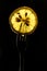 Slice of lemon on the fork on dark black background. silhouette of a fork in the back light