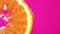 Slice orange floats in pink fresh juice. Juicy piece of orange