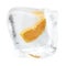 Slice Orange frozen in ice cube. Ice cube in front view, single ice cube isolated on white background. 3d rendering