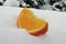 Slice of orange on ice. Orange slice on snow.