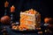 Slice of orange seasonal Halloween cake woth candy corn sweets on dark background