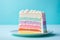 Slice of pastel rainbow colored layered birthday cake with cream in front of pastel blue background