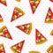 Slice of Pepperoni Pizza seamless pattern on polka dots background.