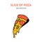 Slice of pizza bright icon. Vector colorful illustration of a slice of hot delicious pizza with melting cheese. Pizza retro vector
