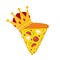 Slice pizza with crown. Vector flat cartoon