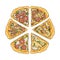 Slice of pizza with different toppings: pepperoni, Hawaiian, plain cheese and seafood. Italian Pizza various ingredients