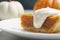 Slice of pumpkin pie closeup for Thanksgiving holiday