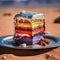 a slice of rainbow cake on a plate in the desert