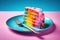 a slice of rainbow cake on a plate with a fork