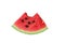 A slice of red watermelon in the shape of a triangle with a bitten off top. Black seeds are visible on the cut. Isolated on a