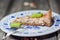 Slice of rhubarb pie on a plate