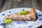 Slice of rhubarb pie on a plate