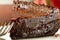 Slice of rich dark chocolate cake