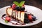 Slice of souffle cheesecake with chocolate glaze garnished with raspberries and blackberries
