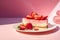 Slice of strawberry cheesecake on plate.