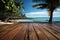 A slice of summer paradise, beach, wooden platform, palm trees, azure skies