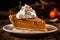 Slice of traditional pumpkin pie for Thanksgiving dinner, topped with whipped cream, generative AI
