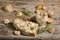 slice of wild mushroom pate on the wooden table