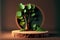 Slice wood minimalist product showcase podium design and green leaves. Flawless