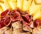 Sliced bacon and cheese macro blurred