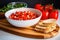 sliced baguette with diced tomatoes in a bowl, ready for assembly