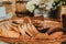 Sliced bread in a basket, artisan homemade bread in a rustic background