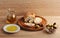 Sliced bread ciabatta, olives and extra virgin olive oil