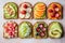 sliced breakfast bread with different toppings, seven types of sandwich food, health