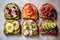 sliced breakfast bread with different toppings, seven types of sandwich food, health
