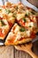 sliced buffalo pizza with chicken, tomatoes, greens and mozzarella close-up. vertical