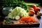 sliced cabbage and carrots on a rustic wooden table