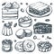 Sliced cakes collection. Vector hand drawn sketch illustration. Desserts icons and cafe design elements