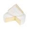 Sliced camembert cheese on a white background, a delicacy