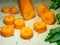 Sliced carrots on the table. Greens and cumin seeds. Soup preparation. Soup ingredient. For a veggie lunch