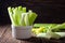 Sliced celery in a white bowl