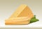 Sliced cheese head with slices and herbs. Vector illustration. Milk creamy hard yellow holey rural cheese. Green mint leaves. Eco-
