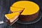 Sliced chocolate mango cheesecake, top view