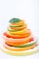 Sliced citrus: oranges, mandarines, lemons, limes, sweetie, grapefruits, witch\'s broom close-up macro