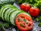 Sliced cucumbers, tomatoes and herbs on a wooden cutting board