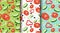 Sliced flying vegetables seamless patterns set. Salad ingredients on the green background collection. Tomato, cucumber, onion and