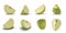 Sliced green apple renders set from different angles on a white. 3D illustration