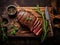 Sliced grilled medium rare beef steak served on wooden board - generative AI