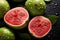 Sliced Guava background adorned with glistening raindrops