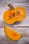 Sliced and half pumpkins