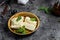 Sliced halloumi cheese with mint. Cyprus squeaky cheese. banner, menu, recipe place for text, top view