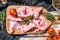 Sliced ham. Fresh prosciutto. Pork ham sliced. White wooden background. Top view