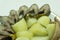 Sliced herring filet with boiled potato, above view, studio shot .