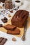 Sliced homemade chocolate banana pound cake loaf