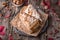 Sliced honey cake with caramel and whipped cream.