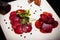 Sliced horse sausage, herbs and spices on cutting board. Selective focus. Toned